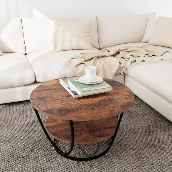 HOC Round Coffee Table with Marble Top Like Finish Stylish 2-Tier Design