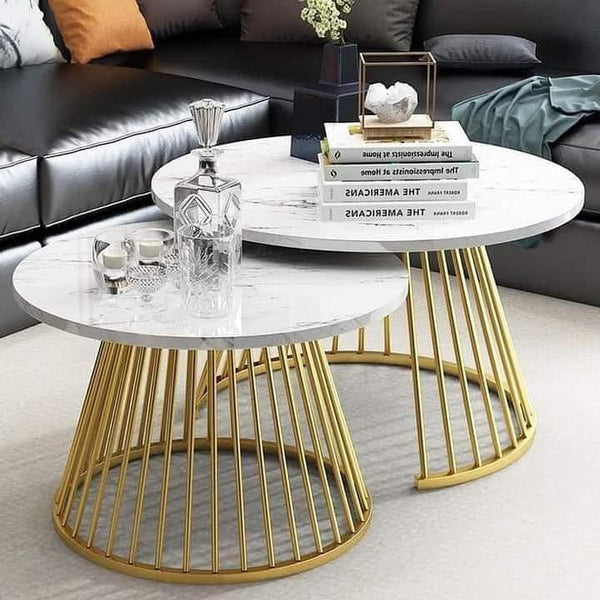 Golden Circular Nesting Table Set With Italian Nano Marble Top